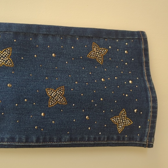 GG jeans boot cut dark blue with rhinestone trim near hem - Picture 3 of 4